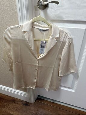Mango Cream Short-Sleeve Button-Front Blouse